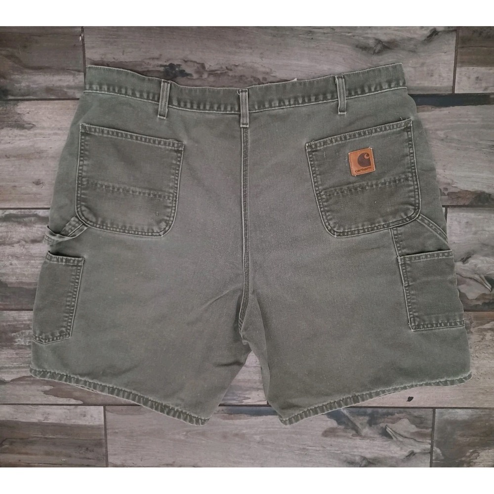 VTG Y2K CARHARTT Carpenter Duck Canvas Moss Green LEATHER PATCH Shorts Sz 44